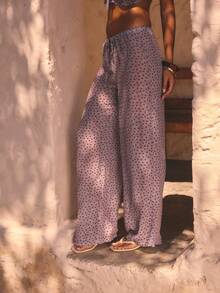 Aralina Chic Micro Dot Print Elastic Waist Relaxed Fit Wide Leg Effortless Everyday Street Style Statement Pants - Purple - View 4