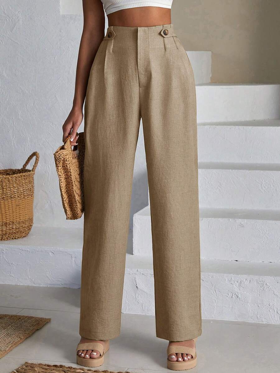 EURMUSE Women Front Two Sided Button Detailed Linen Pants - Beige - View 1