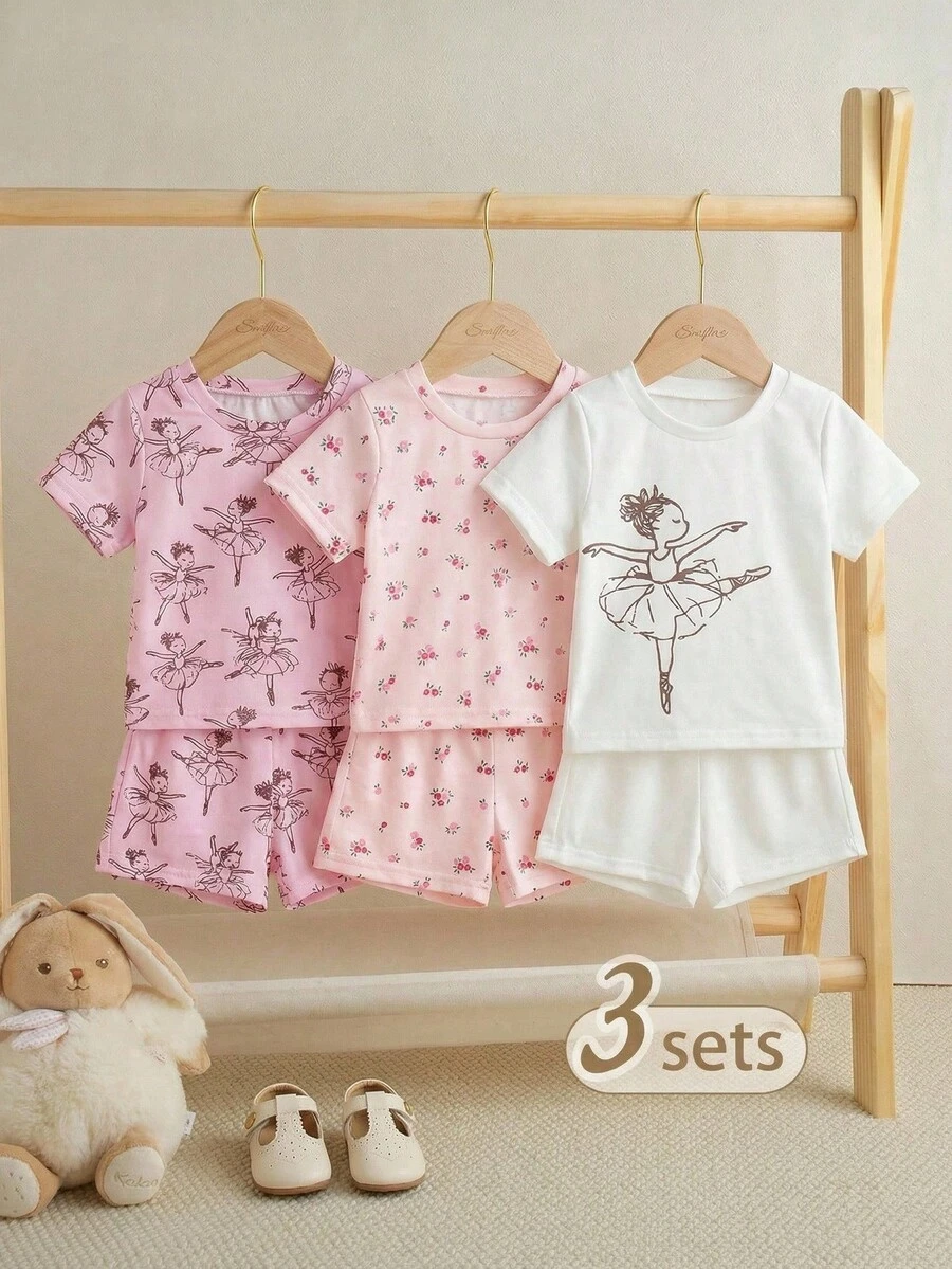 Souflis Souflis Bộ 6 món cho bé gái sơ sinh, gồm áo tay ngắn cổ tròn in hoa dễ thương và quần short, kiểu dáng thanh lịch mùa xuân/hè. - Nhiều màu - Xem 1