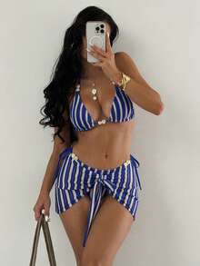 Bonvoyette Summer Vacation Sexy Beaded Blue & White Striped Halter Backless Drawstring Triangle Cup Bikini Set With Bodycon Tie Skirt - Blue and White - View 5