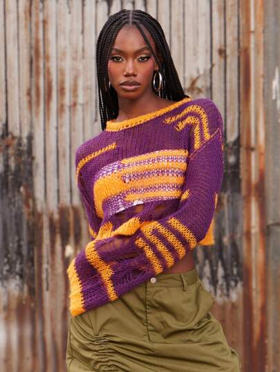 NYA SZN Top Long Sleeve Mini Flare Scoop Neck Cropped Loose Knit Knitwear Orange Purple St. Patrick's Day Easter Spring Summer Boho Beach Vacation Travel Event Party Festival Outfits For Women