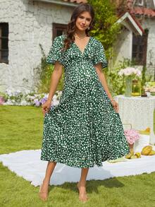 SHEIN Women's V-Neck Twist Front Ditsy Floral Casual Maternity Dress, Summer Vacation, Beach - Green - View 7