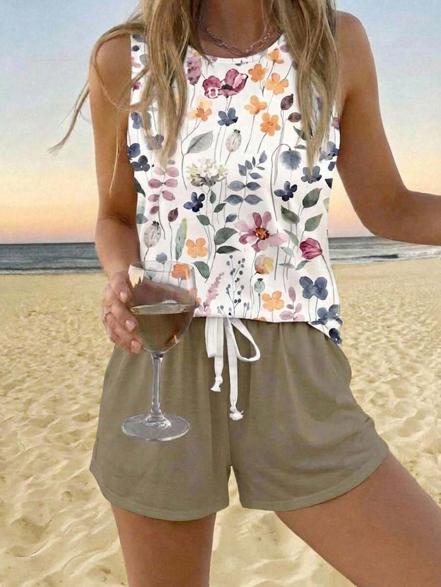 Sylviya 两件套女士撞色米色印花无袖圆领上衣和短袖套装 – 夏季度假装，适合海滩、邮轮、音乐节、演唱会、婚礼宾客、城市旅行、海岛度假，波西米亚风女士短款套装，夏季休闲上衣短裤套装 - 彩色 - 查看 1