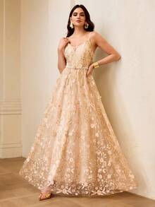 ZEYLAH Women's Elegant Embroidered Long Dress - Champagne - View 1