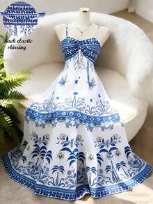 GlowEve Đầm chữ A dài không tay, thắt eo, in họa tiết dành cho nữ, quyến rũ, gợi cảm, thanh lịch, thích hợp cho đi làm hàng ngày, đi nghỉ mát, hẹn hò, phong cách đường phố Pháp cổ điển đa năng, mùa xuân/hè, đầm maxi dài không tay màu xanh trắng mới. - Nhiều màu - Xem 7