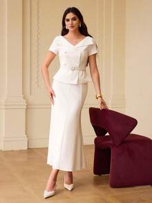 ZEYLAH Women's Elegant Decorative Waist Belt Regular Jacket - Beige - View 3