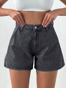 EURMUSE 女士夏季休闲日常斜插口袋阔腿牛仔短裤 - 灰色 - 查看 1