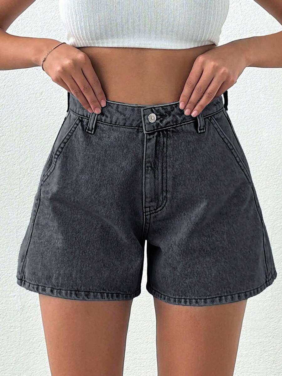 EURMUSE 女士夏季休闲日常斜插口袋阔腿牛仔短裤 - 灰色 - 查看 1