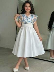 SHEIN Tween Girls' Elegant White V-Neck Short Sleeve Dress,White And Blue Floral Summer Wedding Guest Girl Vintage Midi Dress Puff Sleeves Spring Dress - White - View 1