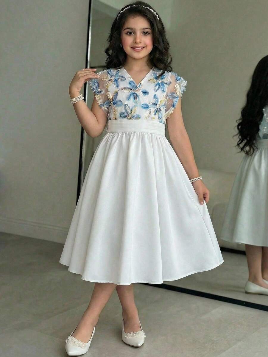 SHEIN Tween Girls' Elegant White V-Neck Short Sleeve Dress,White And Blue Floral Summer Wedding Guest Girl Vintage Midi Dress Puff Sleeves Spring Dress - White - View 1