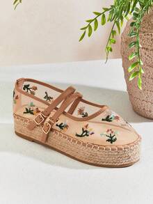 Solezae Giày đế xuồng nữ thời trang thường ngày, thoải mái, thoáng khí, chất liệu lưới, thêu hoa, mũi tròn. - Màu be - Xem 7