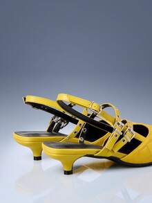 CUCCOO GRLICON Yellow Rhombus Pointed Metal Double Buckle With Kitten Heel Women's Shoes - Yellow - View 4