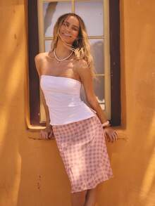 Aralina Falda midi femenina de silueta fluida, de estilo ligero y diario, con volantes en el bajo y estampado de cuadros gingham suave - Multicolor - Ver 7