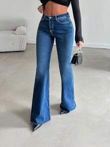 Petite Elastic High Waist Flare Leg Jeans - Dark Wash - View 6
