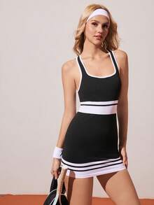 CourtClass Women's Striped Sleeveless Tennis Dress With Shorts - Black and White - View 6