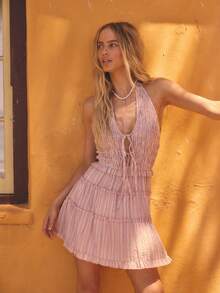 Aralina Lightweight Textured Fabric Halter Neck Smocked Bodice Tiered Skirt Flowy Silhouette Cute Summer Outfits Women Vacation Outfits Spring Dresses For Women Dress - Multicolor - View 5