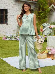 SHEIN EZwear Maternity Green Plaid Tie Front Cami And Pants Set - Green - View 3