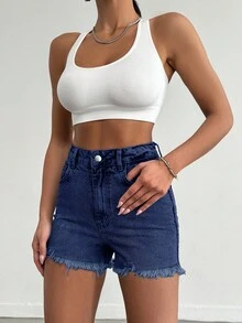 EURMUSE 100Cotton Mini Heavy Destroy Short With Back Label Detail Work Dark Blue Summer Streetwear - Medium Wash - View 6