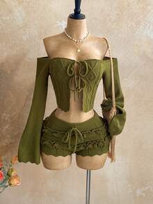 Soleia 女士几何扭结图案前系带露肩长袖毛衣和针织短裤套装 - 橄欖綠 - 查看 6