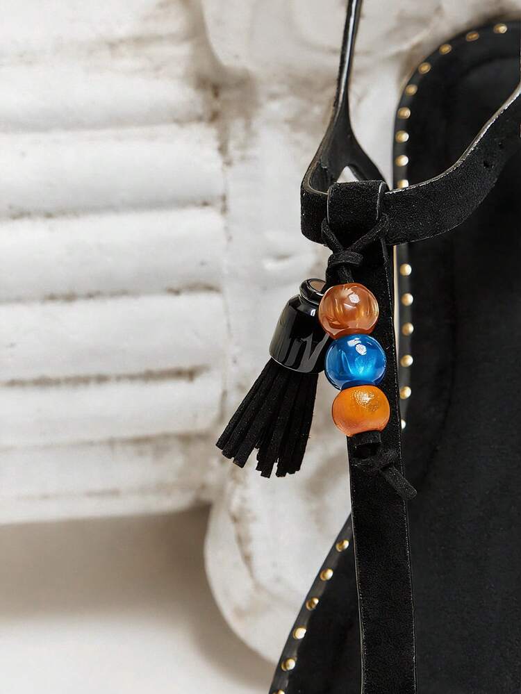 Solezae Women Comfy Vacation Casual Colorful Beads Decor Ankle Strap Flat Sandals - Black - View 5