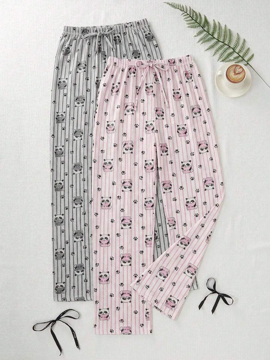 SHEIN Women Cotton 2 Pcs Fake Drawstring With Striped Cute Panda Patterned Multıcolour Long Casual Comfort Homewear Sleep Bottoms Set - Multicolor - View 1