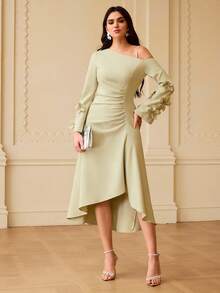 ZEYLAH Romantic Asymmetrical Shoulder Midi Dress For Women - Green - View 5