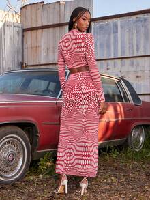 NYA SZN Matching Set Top Skirt Long Sleeve Maxi Length Split Hem Polka Dot Fitted Easter St. Patricks Day Brunch Casual Festival Concert Everyday Going Out Party Special Occasion Travel Vacation Office Siren Western Country Date Night Elegant Luxury Outfits For Women - Red and White - View 2