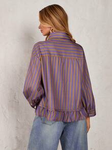 Glamine Casual Commuter Striped Ruffle Front Button Up Blouse - Multicolor - View 2