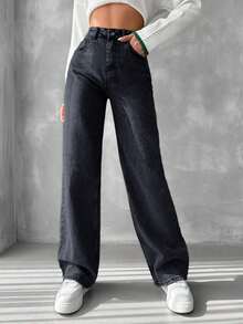 EURMUSE 100%Cotton High Waist Straight Leg Jeans - Dark Grey - View 6
