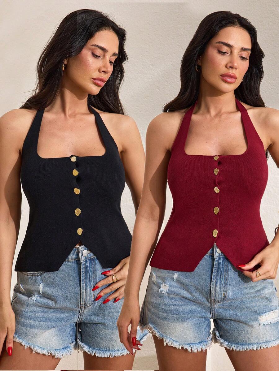 SHEIN WOMEN'S WEAR Button-Front Knit Cami Top, 2 Packs (Black & Burgundy) - Multicolor - View 1