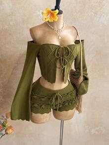 Soleia 女士几何扭结图案前系带露肩长袖毛衣和针织短裤套装 - 橄欖綠 - 查看 5