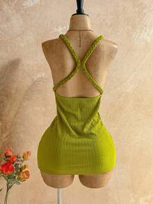 Soleia Spring/Summer New Casual Vacation Western Beach Wedding Guest Attire Graduation Brunch St. Patrick's Day Spring Break Easter Music Festival Elegant Bohemian Tropical Backless Handwoven Crochet Textured Green Mini Dress For Women - Green - View 2