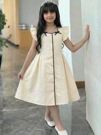 SHEIN Vestido de niña preadolescente con bloque de color texturizado de color albaricoque, mangas cortas, cintura con lazo y decoración de mariposa en el bajo