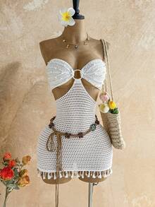 Soleia 女士休闲、度假、西部风、海滩婚礼宾客、毕业典礼、早午餐、圣帕特里克节、春假、复活节、音乐节优雅波西米亚热带流苏亮片毛衣迷你连衣裙 - 米色 - 查看 1