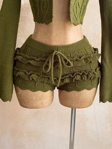 Soleia 女士几何扭结图案前系带露肩长袖毛衣和针织短裤套装 - 橄欖綠 - 查看 4