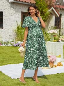SHEIN Women's V-Neck Twist Front Ditsy Floral Casual Maternity Dress, Summer Vacation, Beach - Green - View 6