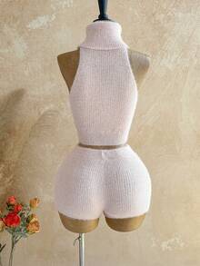 Soleia 两件套女士高领纯色毛衣背心套装 - 粉色 - 查看 2