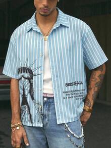 AXEPEAK Men's Summer Casual Striped Sculpture Print Front Button Short Sleeve Shirt - Multicolor - View 1