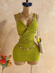 Soleia Spring/Summer New Casual Vacation Western Beach Wedding Guest Attire Graduation Brunch St. Patrick's Day Spring Break Easter Music Festival Elegant Bohemian Tropical Backless Handwoven Crochet Textured Green Mini Dress For Women - Green - View 1