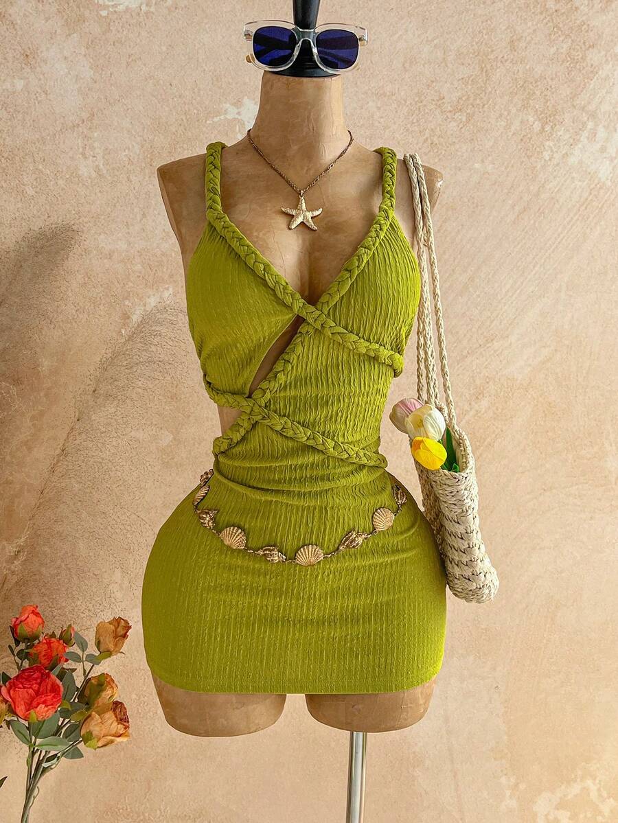 Soleia Spring/Summer New Casual Vacation Western Beach Wedding Guest Attire Graduation Brunch St. Patrick's Day Spring Break Easter Music Festival Elegant Bohemian Tropical Backless Handwoven Crochet Textured Green Mini Dress For Women - Green - View 1