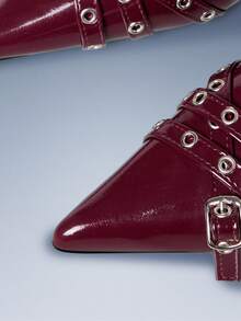 CUCCOO GRLICON Burgundy Patent Leather Pointed Multi-Buckle Strap Design Empty Kitten And Women's High Heels - Burgundy - View 3