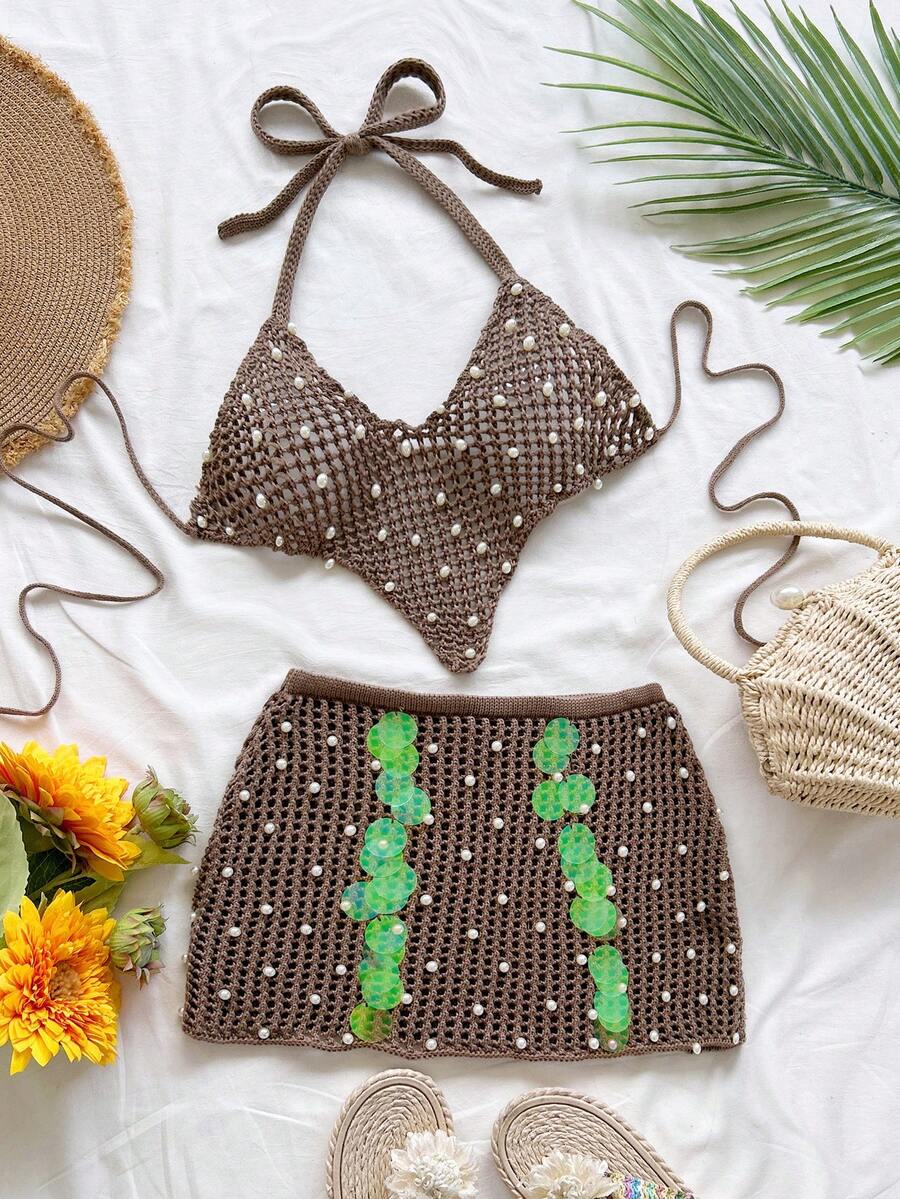 Soleia 女士性感露背针织上衣，饰有仿珍珠亮片和系带细节，搭配针织半裙，夏季海滩度假套装 - 卡其色 - 查看 1