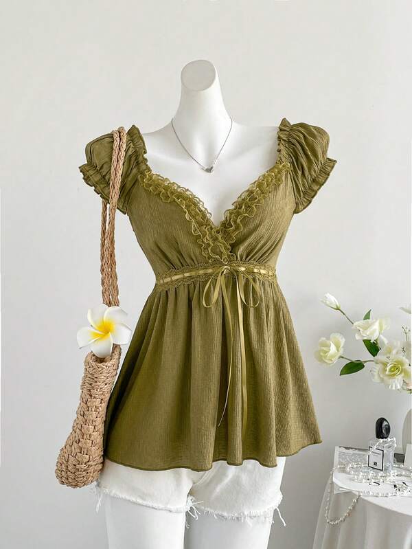 Elamini Retro V-Neck Sexy Lace Patchwork Bow Military Green Solid Color New Versatile Fashion Summer Women Shirt