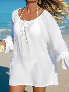 Swim Vcay Women's White Pearl V-Neck Casual Vacation Beach Cover-Up Dress - White - View 3