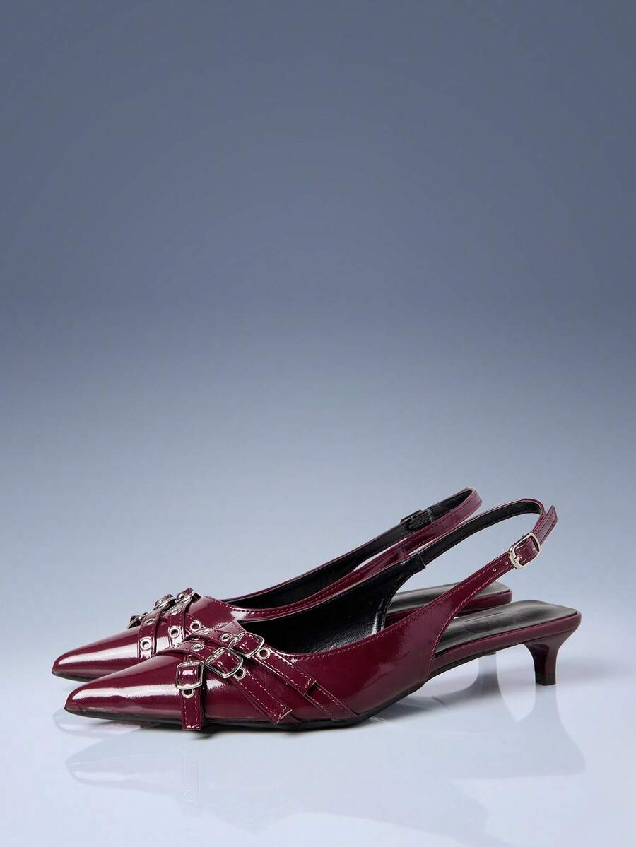 CUCCOO GRLICON Burgundy Patent Leather Pointed Multi-Buckle Strap Design Empty Kitten And Women's High Heels - Burgundy - View 1