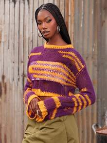 NYA SZN Top Long Sleeve Mini Flare Scoop Neck Cropped Loose Knit Knitwear Orange Purple St. Patrick's Day Easter Spring Summer Boho Beach Vacation Travel Event Party Festival Outfits For Women - Multicolor - View 7