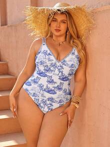 Swim Chiccia Plus Size Women's Floral Print Spaghetti Strap Ruffled Front One-Piece Swimsuit, Suitable For Beach/Resort - Multicolor - View 5
