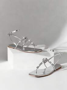 SHUZIA Women's Minimalist Elegant Lace-Up Strappy Flat Thong Sandals - Silver - View 5