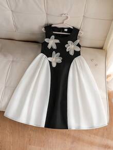 Girls' Elegant Black & White Sleeveless Dress,3D Floral Decor Round Neck Pleated Skirt,Summer Cute Modest Wedding Princess Style For Daily Wear - Black and White - View 3