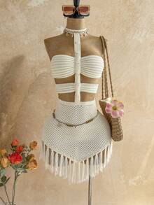 Soleia Women's Vacation Knit Textured Fringe Shell Strap Mini Dress, Sexy Party Date Beach Holiday Summer Outfit, Suitable For Holiday Date, Afternoon Tea, Wedding Season, Beach Cruise Vacation, City Road Trip Vacation, Boho Vacation, Music Festival - Beige - View 1